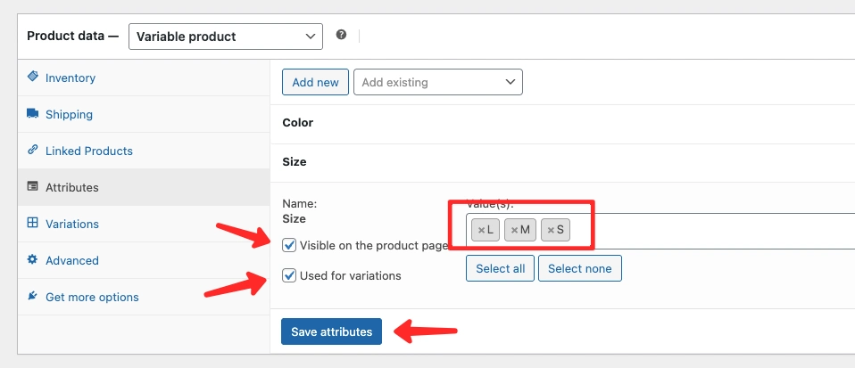 WooCommerce product variations generated from attributes