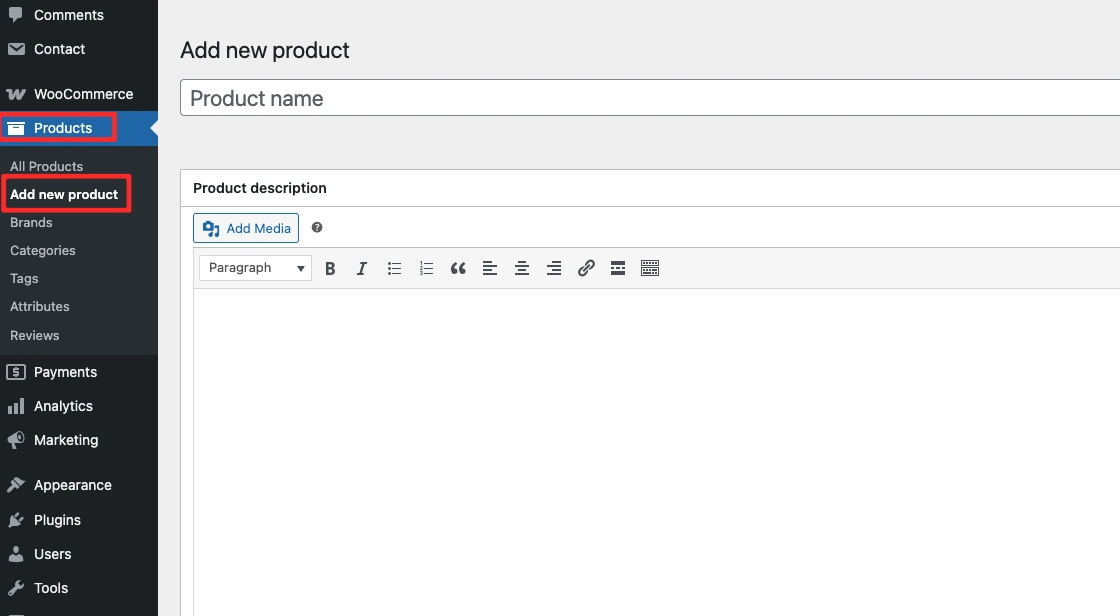 WooCommerce add new product page in WordPress dashboard