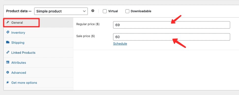 WooCommerce product pricing settings regular price and sale price