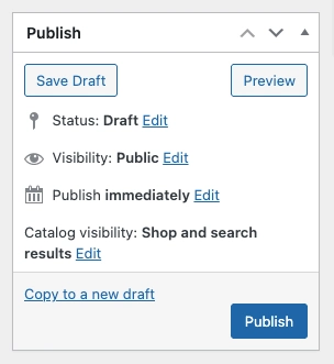 WooCommerce product publish box in WordPress editor