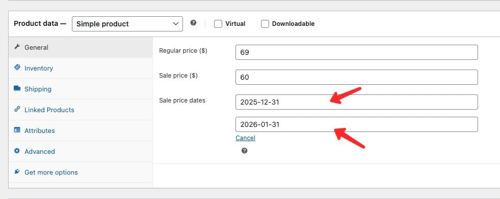 WooCommerce sale start and end date settings