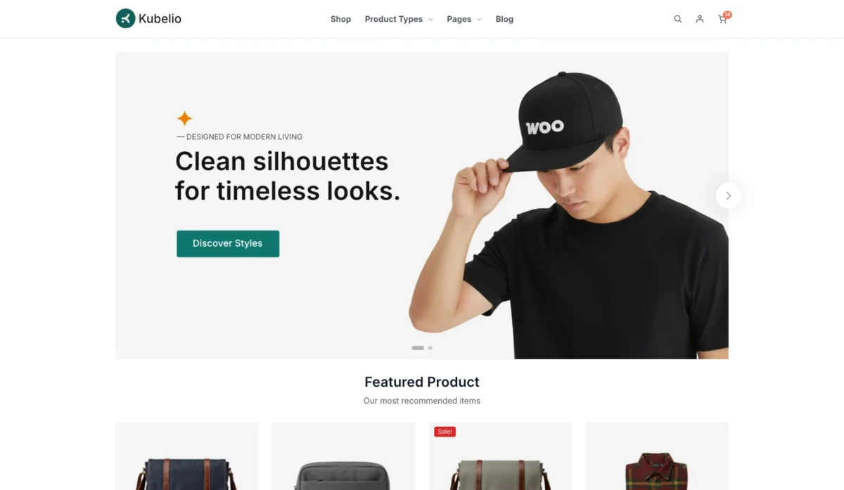 Kubelio theme homepage layout for WooCommerce store