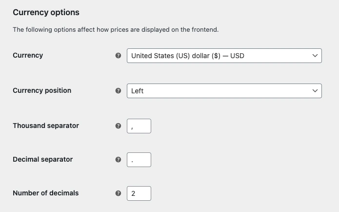 WooCommerce Currency Options settings in the General settings page