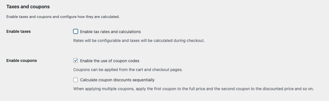 WooCommerce Taxes and Coupons settings page