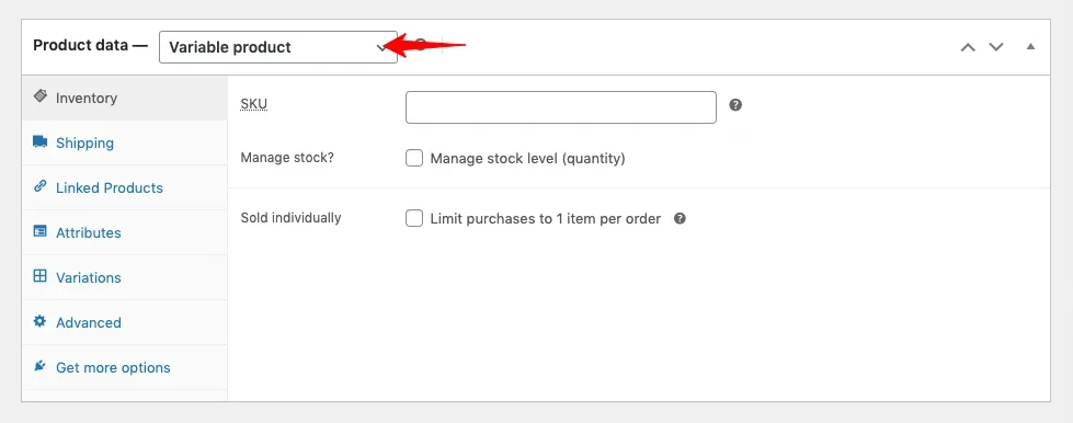 WooCommerce Product data dropdown with Variable product type selected