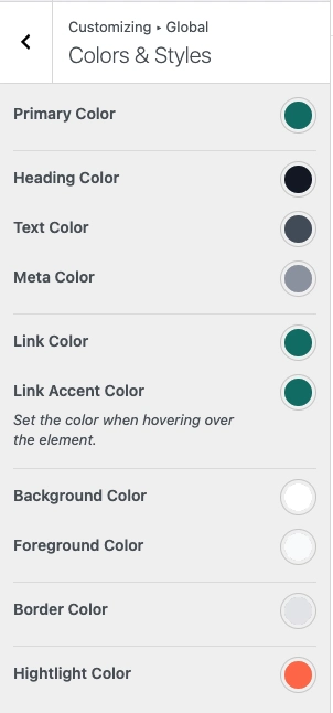Global color settings in Kubelio theme applied across the website