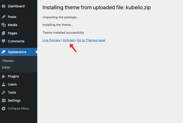 Activate the Kubelio theme after the installation is complete