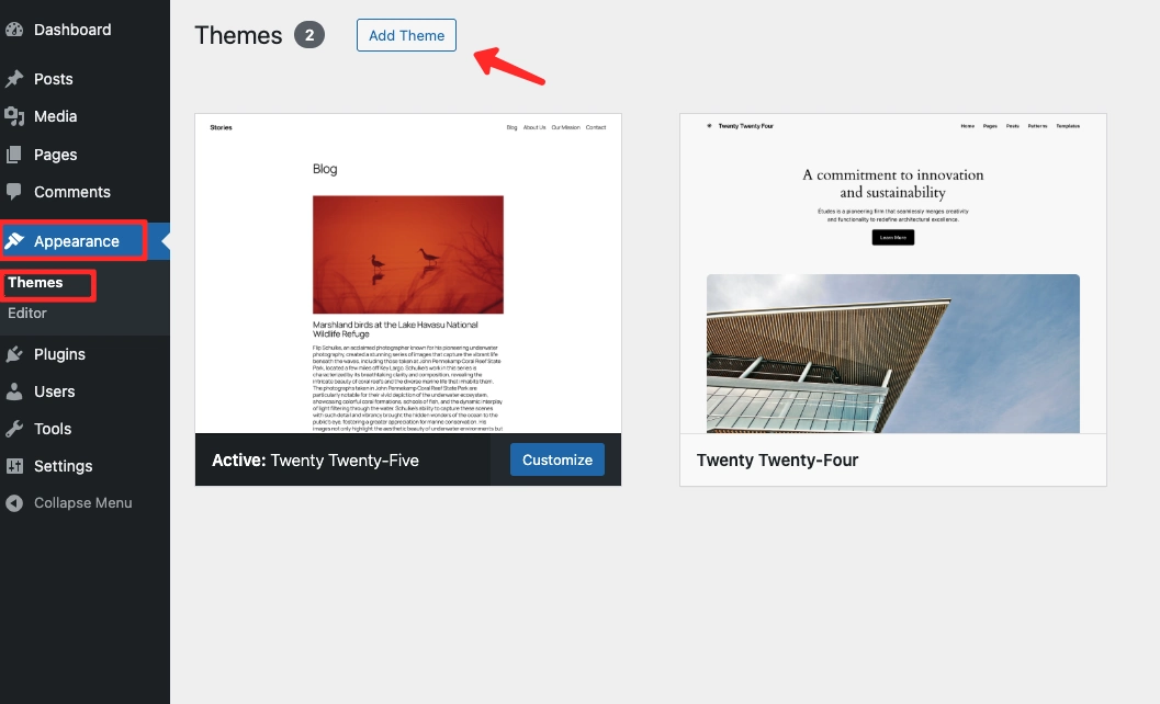 Add a new WordPress theme by clicking the Add Theme button in the dashboard