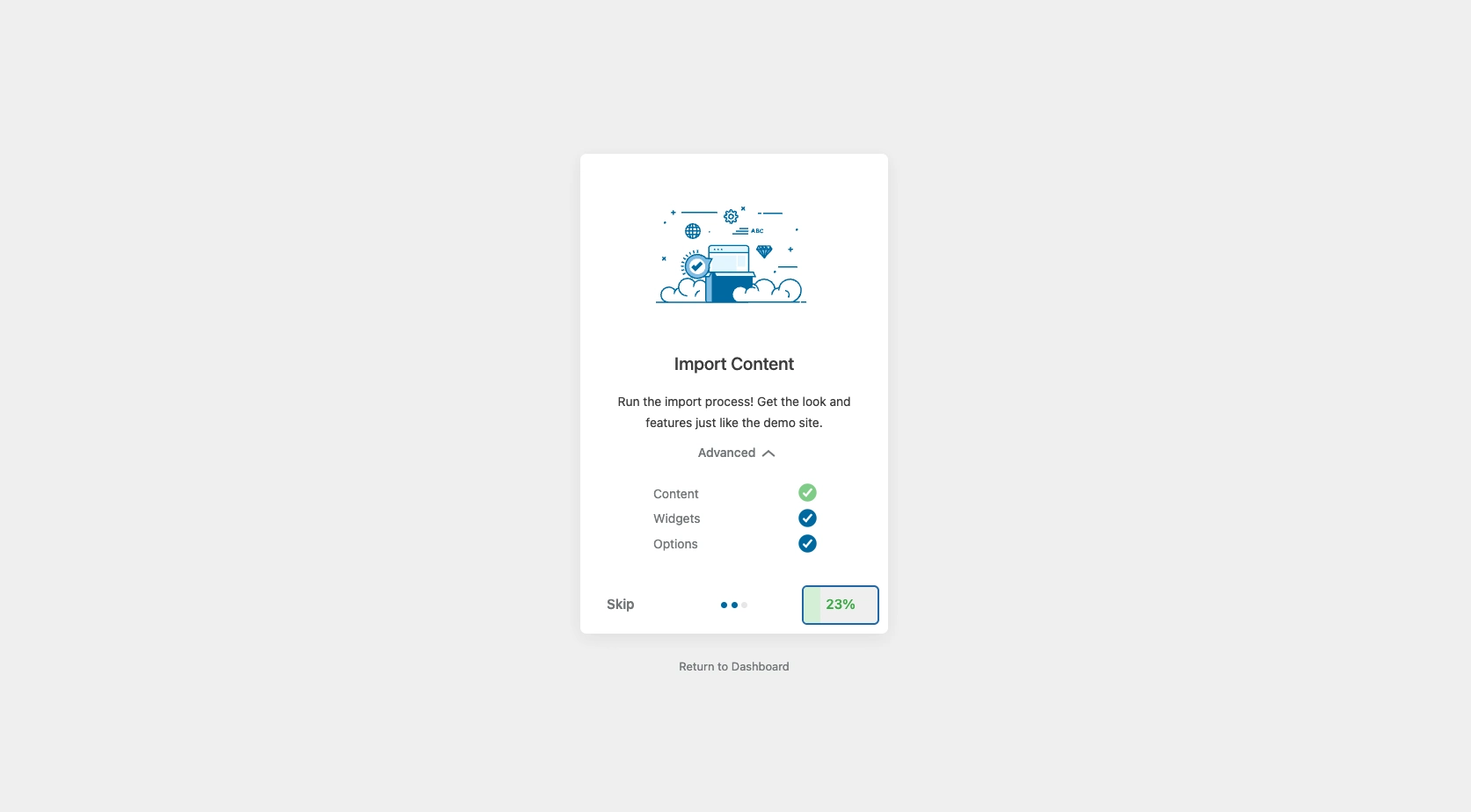 Demo content import process running during Kubelio theme setup