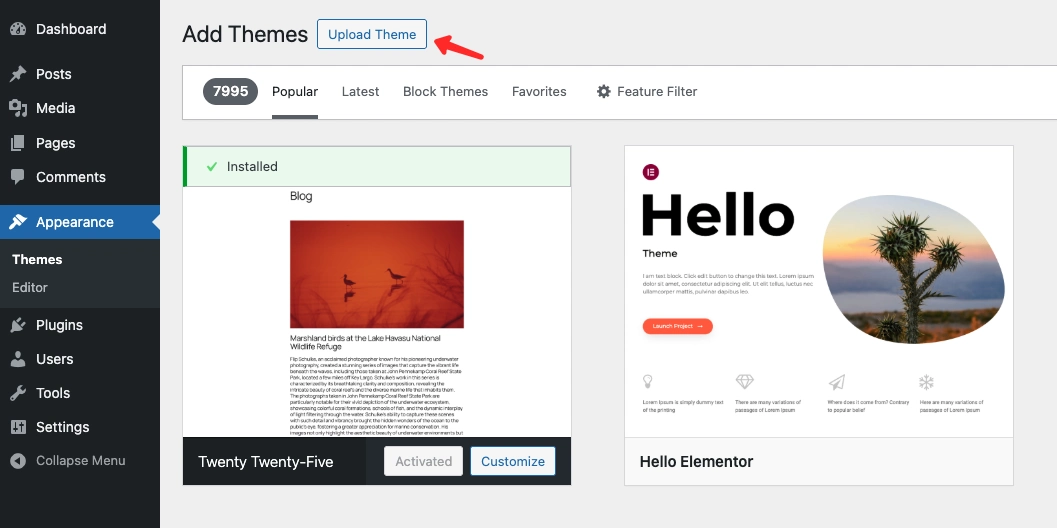 Select the Upload Theme option in the WordPress dashboard