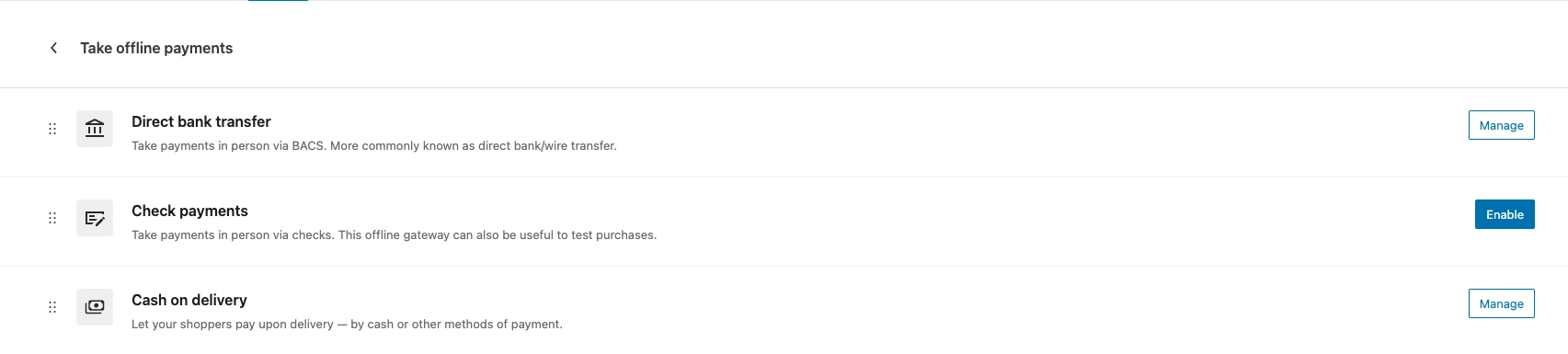 Offline payment methods configuration in WooCommerce