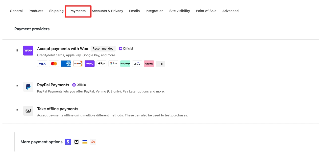 Configure payment providers in WooCommerce settings