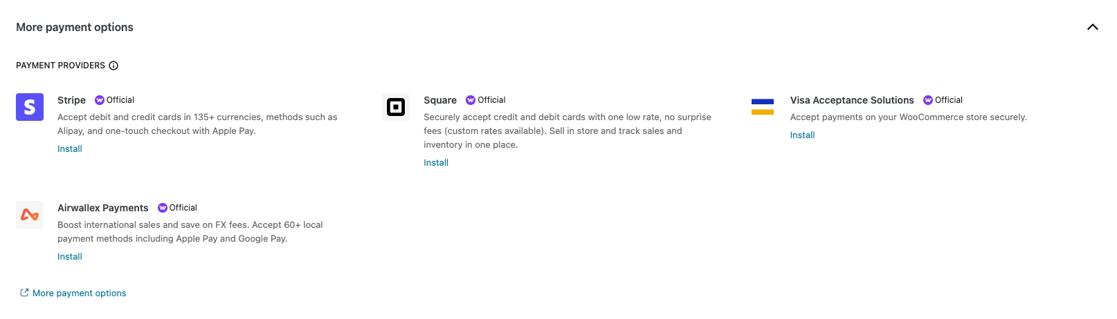 Additional payment options available in WooCommerce