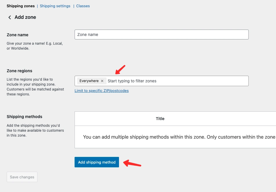 Add a new shipping zone in WooCommerce