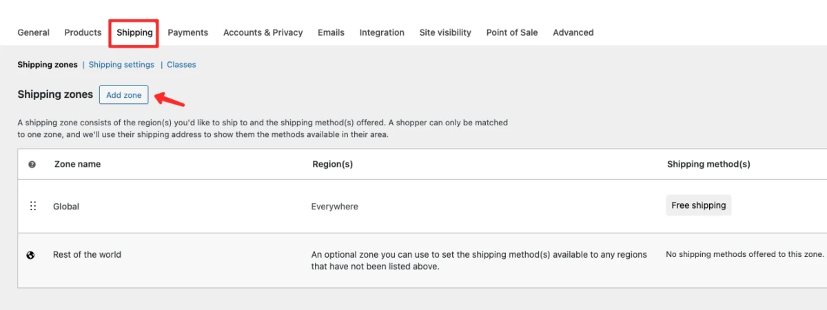 WooCommerce shipping settings page