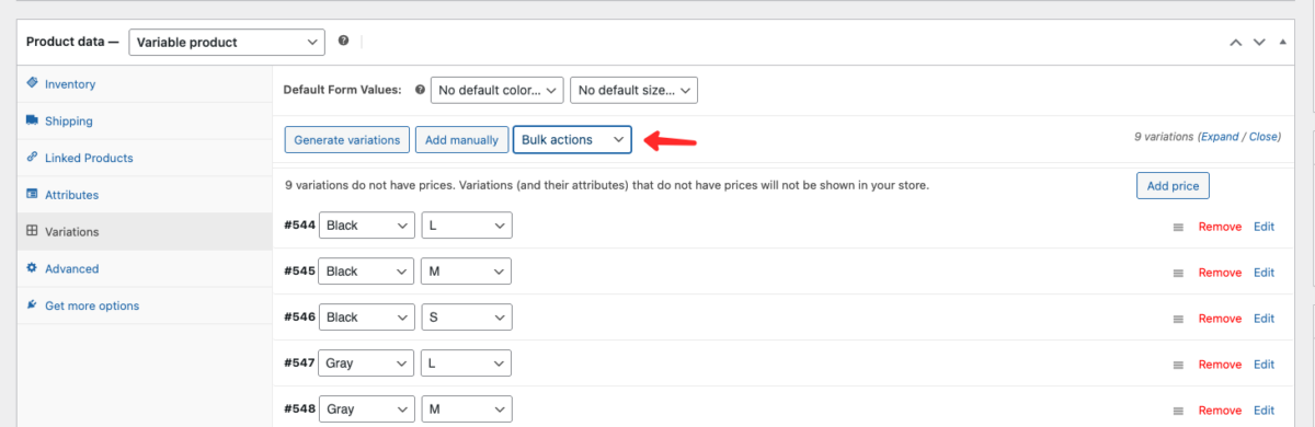 WooCommerce bulk action dropdown on Variations tab for editing multiple variations at once