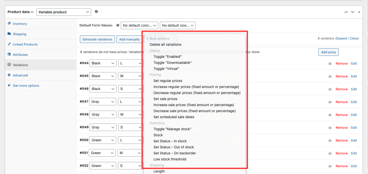 Setting a regular price for all WooCommerce product variations using the bulk edit feature