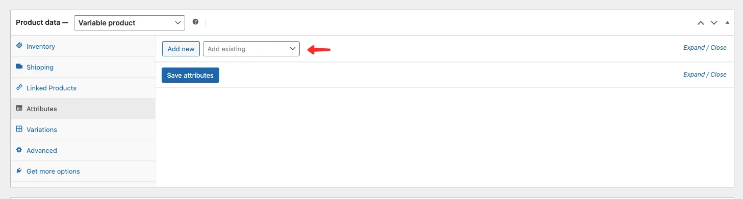 Selecting a product attribute from the dropdown in WooCommerce Attributes tab
