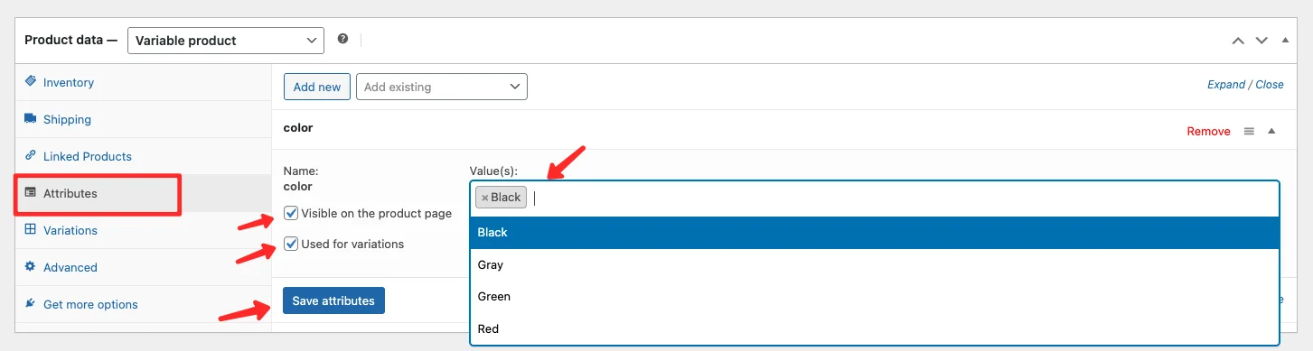 Adding attribute values such as Red, Green, and Blue to a WooCommerce product attribute
