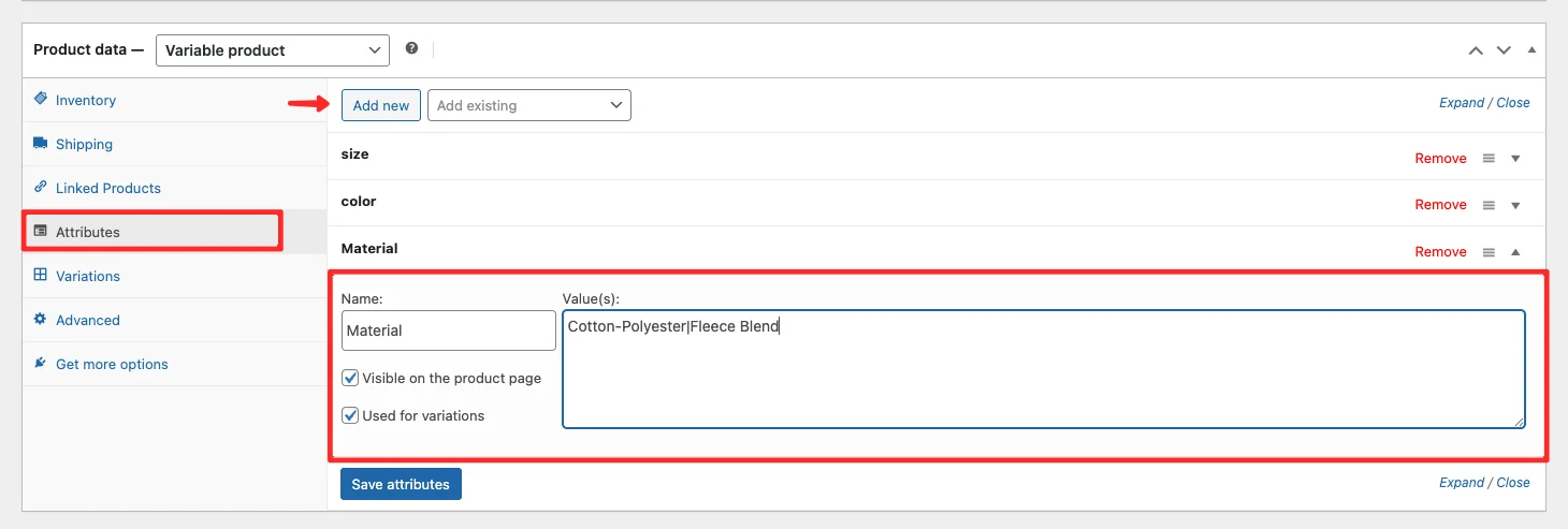 WooCommerce product editor showing custom product attribute option selected in the Attributes tab