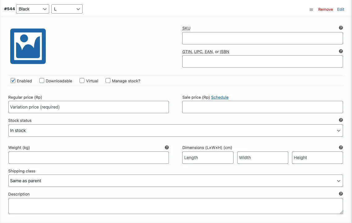 Editing a single WooCommerce product variation with price, stock, and SKU fields expanded