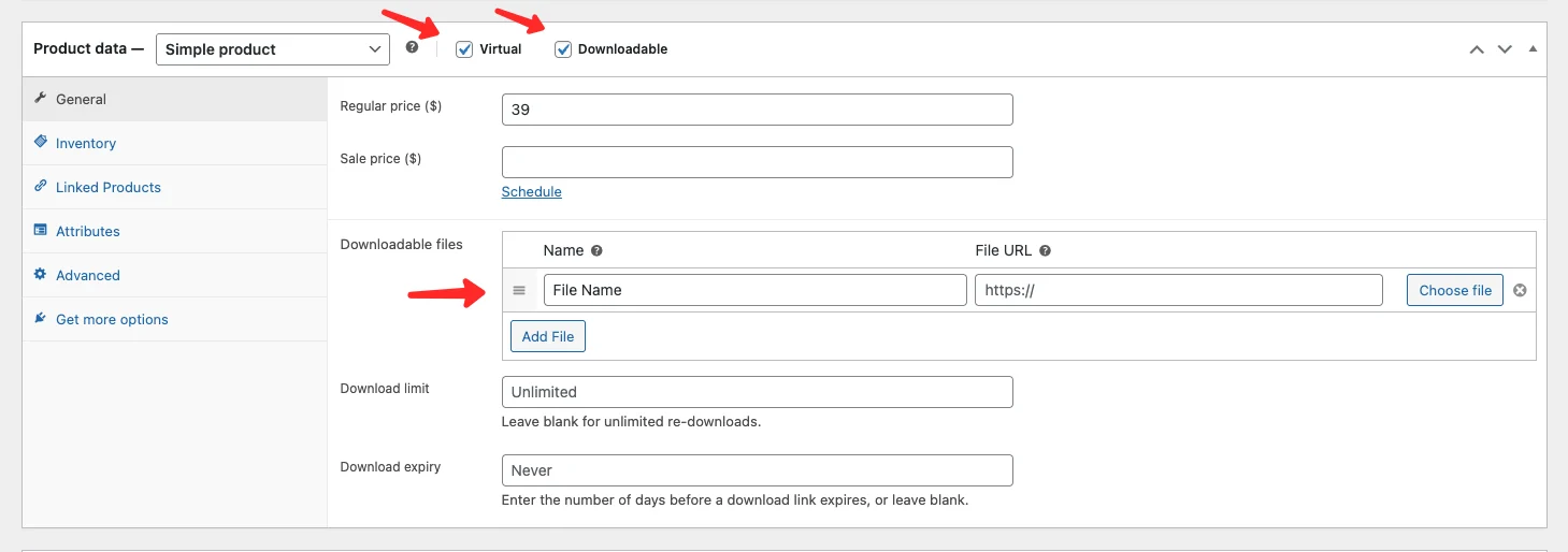 WooCommerce product data panel with Virtual and Downloadable options checked for a digital product