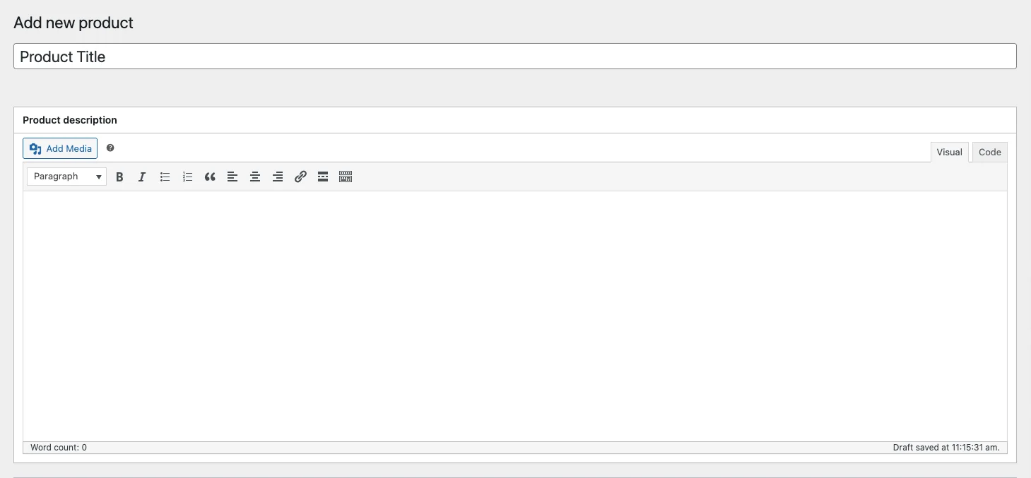 WooCommerce product editor — entering title and description for a digital product