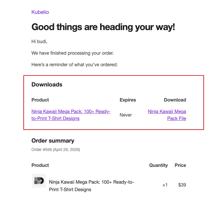 WooCommerce order confirmation email showing download link for a purchased digital product