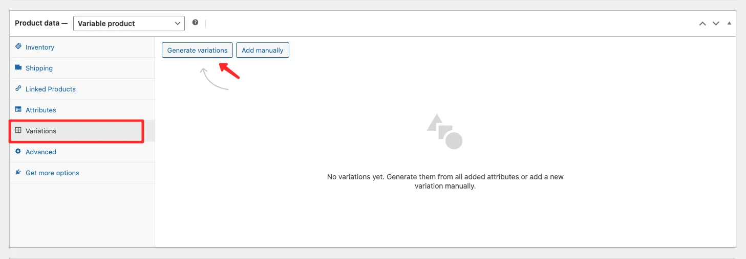 WooCommerce Variations tab with Create variations from all attributes option selected