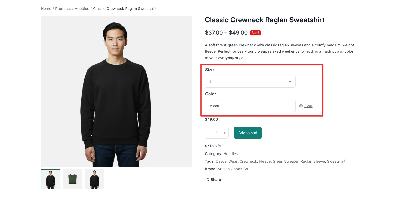 WooCommerce variable product preview showing color and size variation selectors on a product page