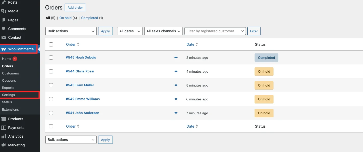 WooCommerce orders page showing a complete list of orders with status labels — manage orders in WooCommerce from this central dashboard