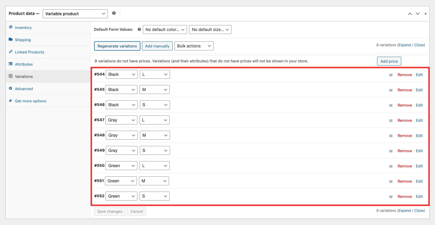 List of auto-generated WooCommerce product variations from color and size attributes