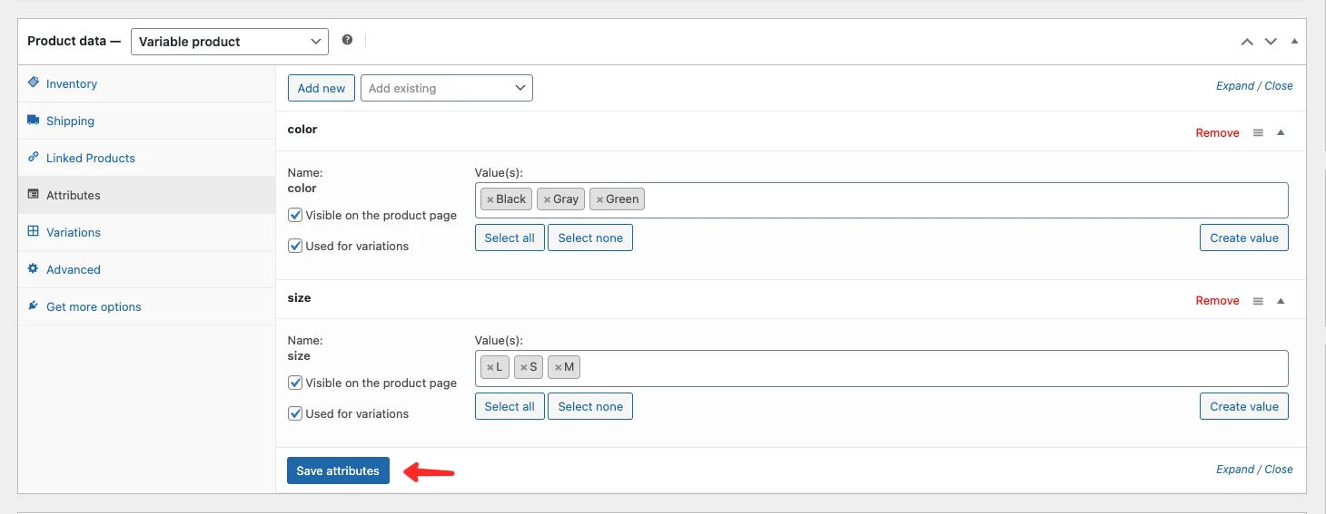 Clicking Save attributes button in WooCommerce product editor with Used for variations checkbox enabled