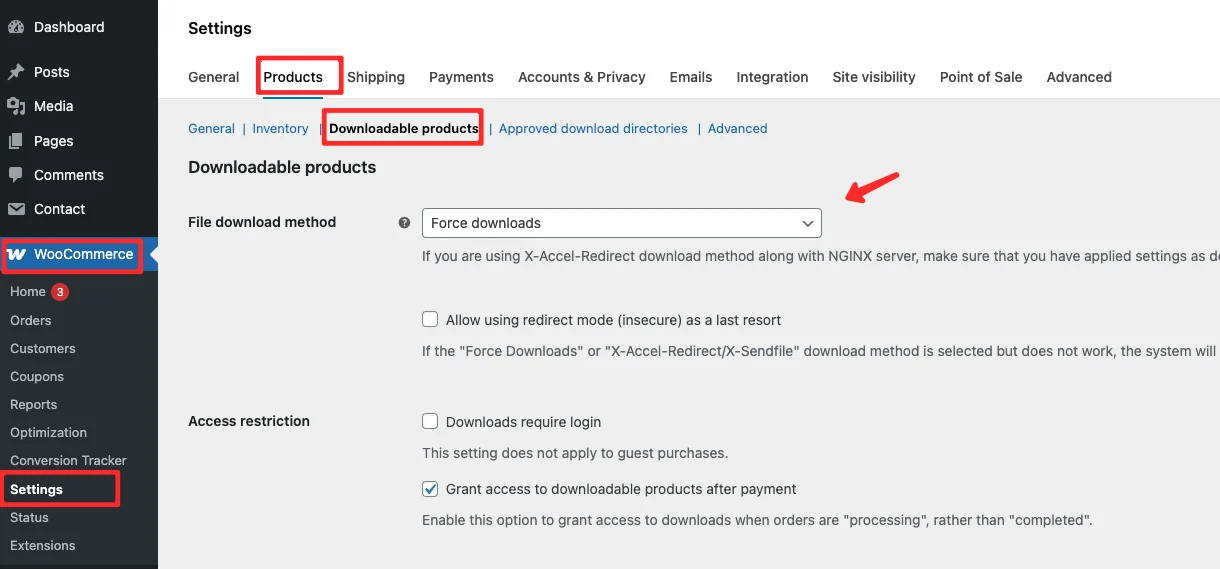 WooCommerce settings — Downloadable Products download method set to Redirect only