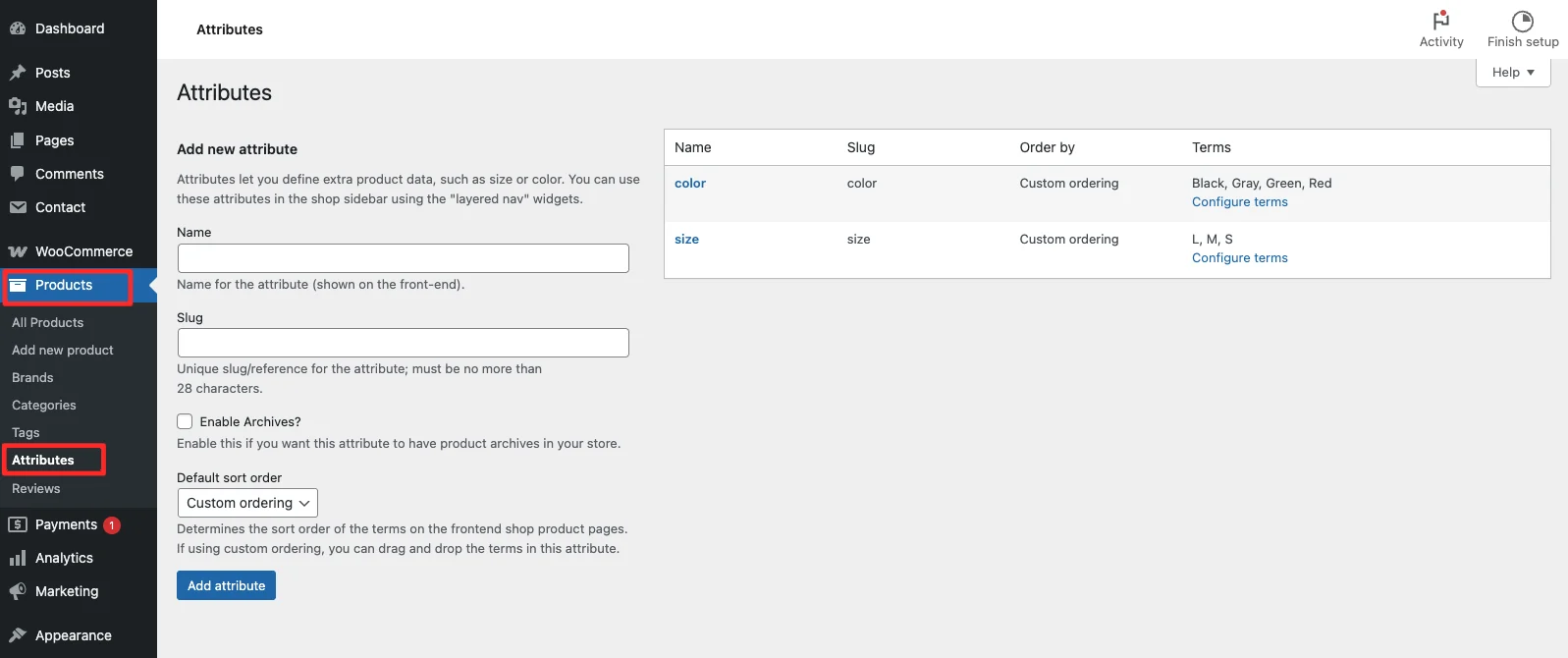 WooCommerce Products Attributes menu showing global attribute list in WordPress admin
