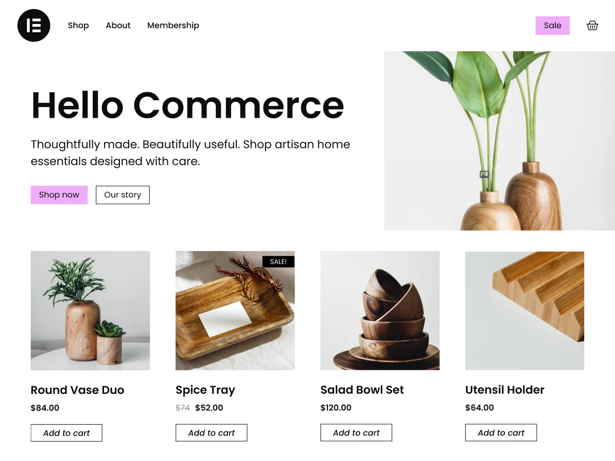 Hello Commerce — the official WooCommerce theme from the Elementor team, built for full Elementor integration