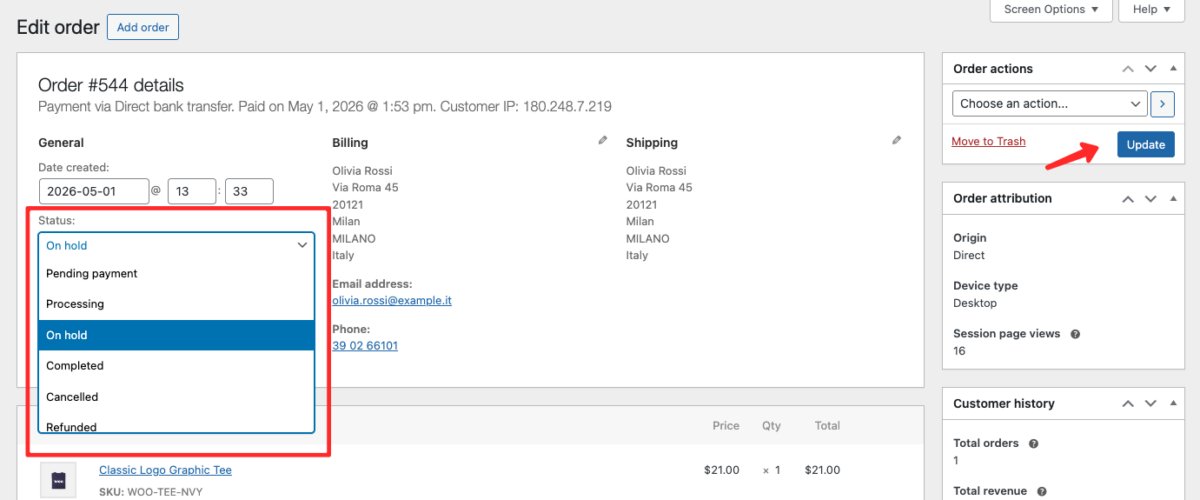 WooCommerce order detail page with status dropdown open — changing the order status to manage orders