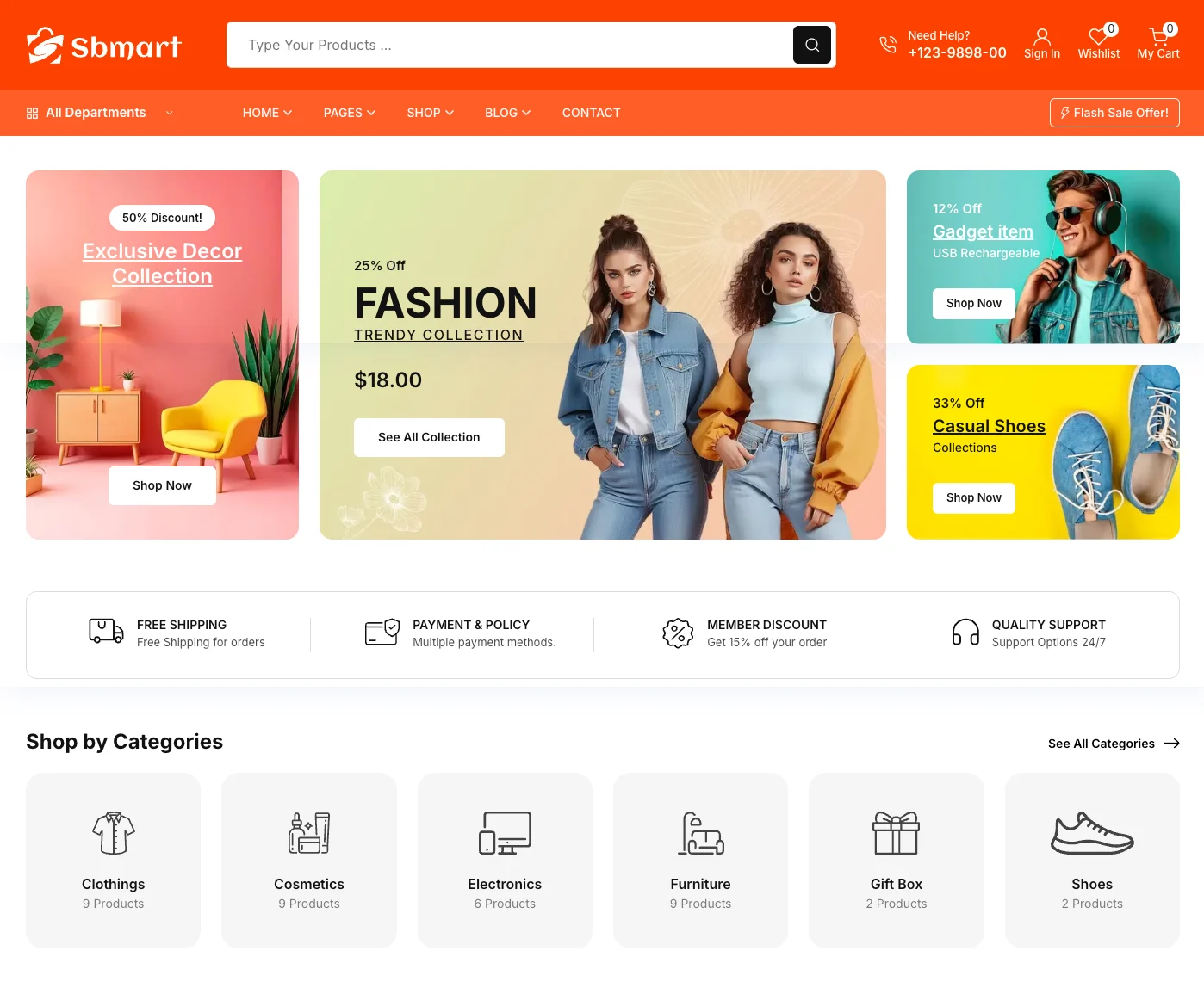 Sbmart demo — feature-rich free WooCommerce theme with 15 shop layouts and 6 product page styles