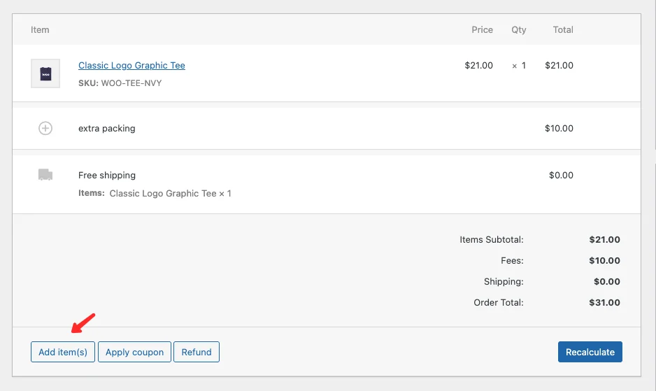 WooCommerce order detail with Add Item(s) button 