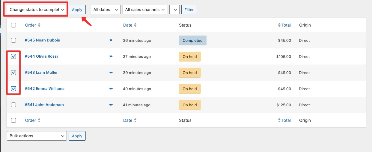 WooCommerce orders page with multiple orders selected and bulk action 