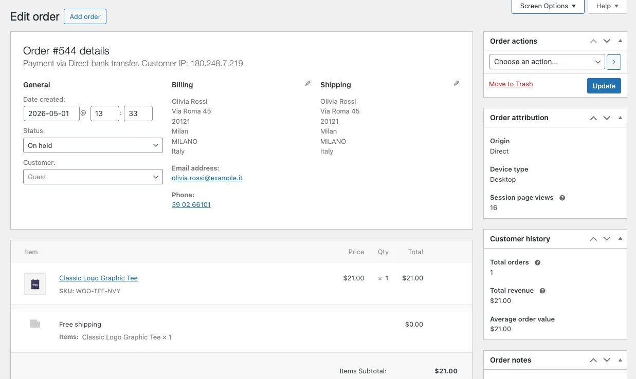 WooCommerce order detail page showing full customer information