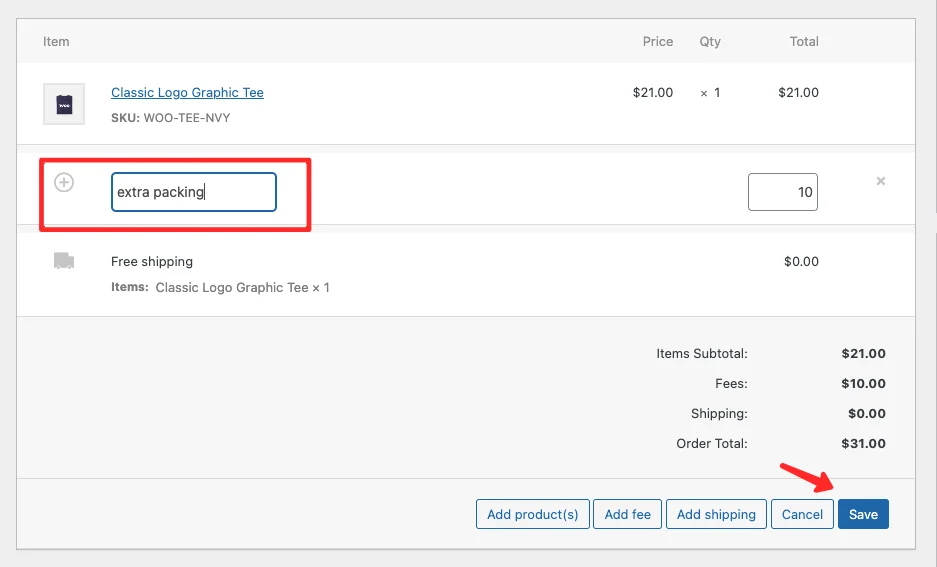 WooCommerce fee label input field where admin enters a custom name for the additional fee