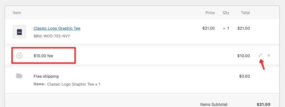 WooCommerce order total section with pencil icon