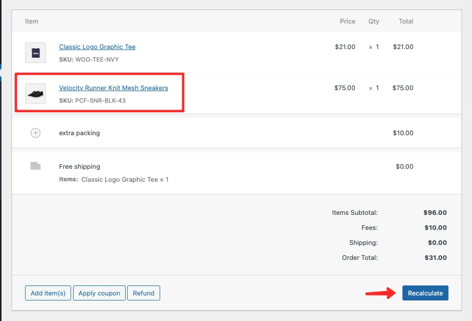WooCommerce order detail after adding a new product, showing the Recalculate button to update the order total