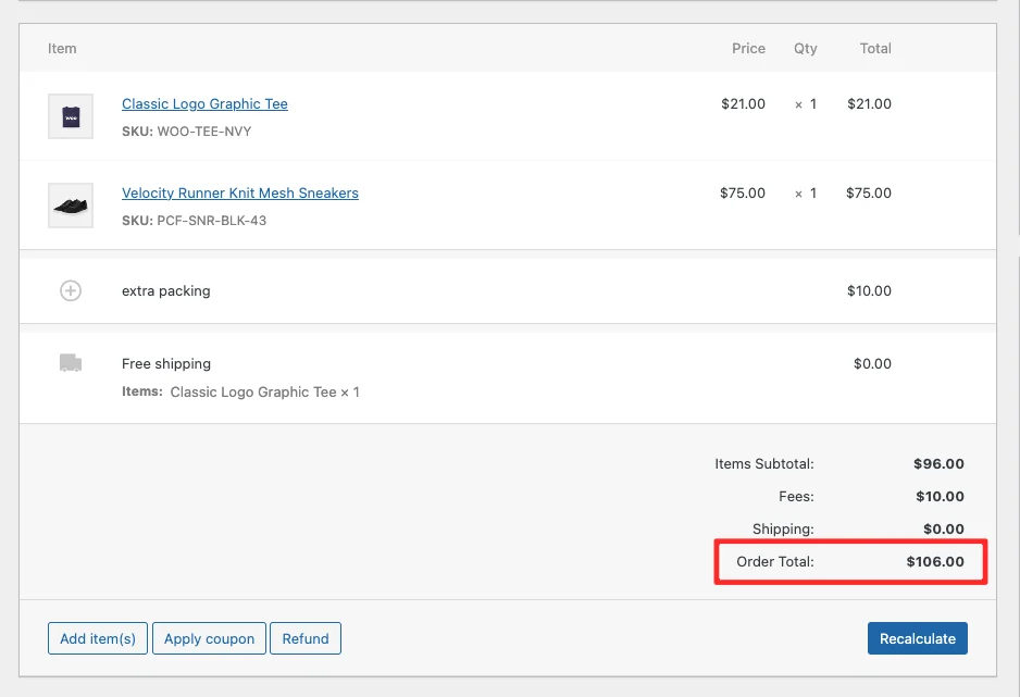 WooCommerce order detail with updated product list and Save button 