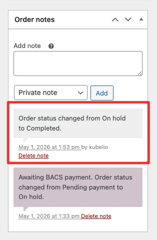 WooCommerce system order note displayed in purple