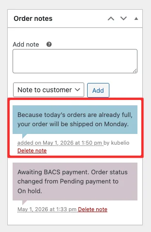 WooCommerce customer note displayed in blue box