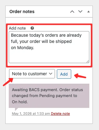 WooCommerce order note input field set to Note to customer 