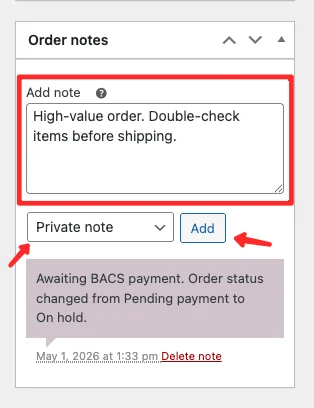 WooCommerce private admin note displayed in grey on the order detail page