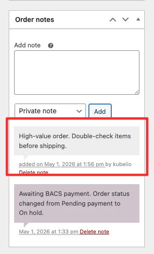 WooCommerce private admin note displayed in grey on the order detail page